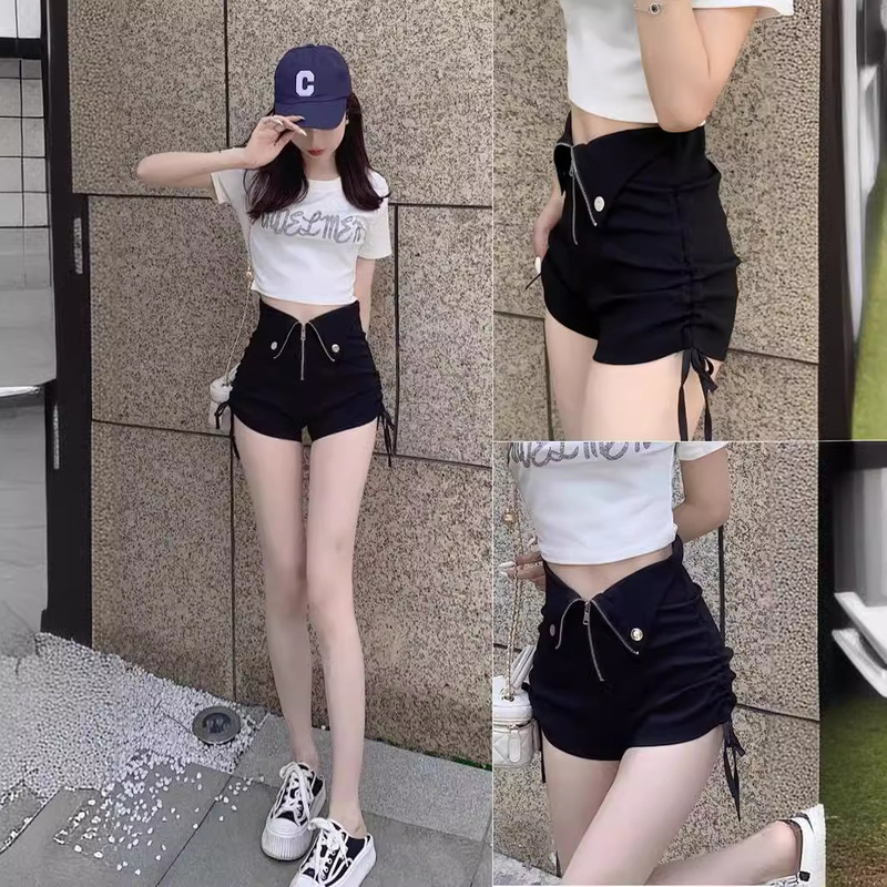 Ultra-High-Waisted Drawstring Black Shorts for Women in Autumn and Winter, Sexy Design, Niche, Petite, A-Line Ultra-Short Hot Pants, Trendy