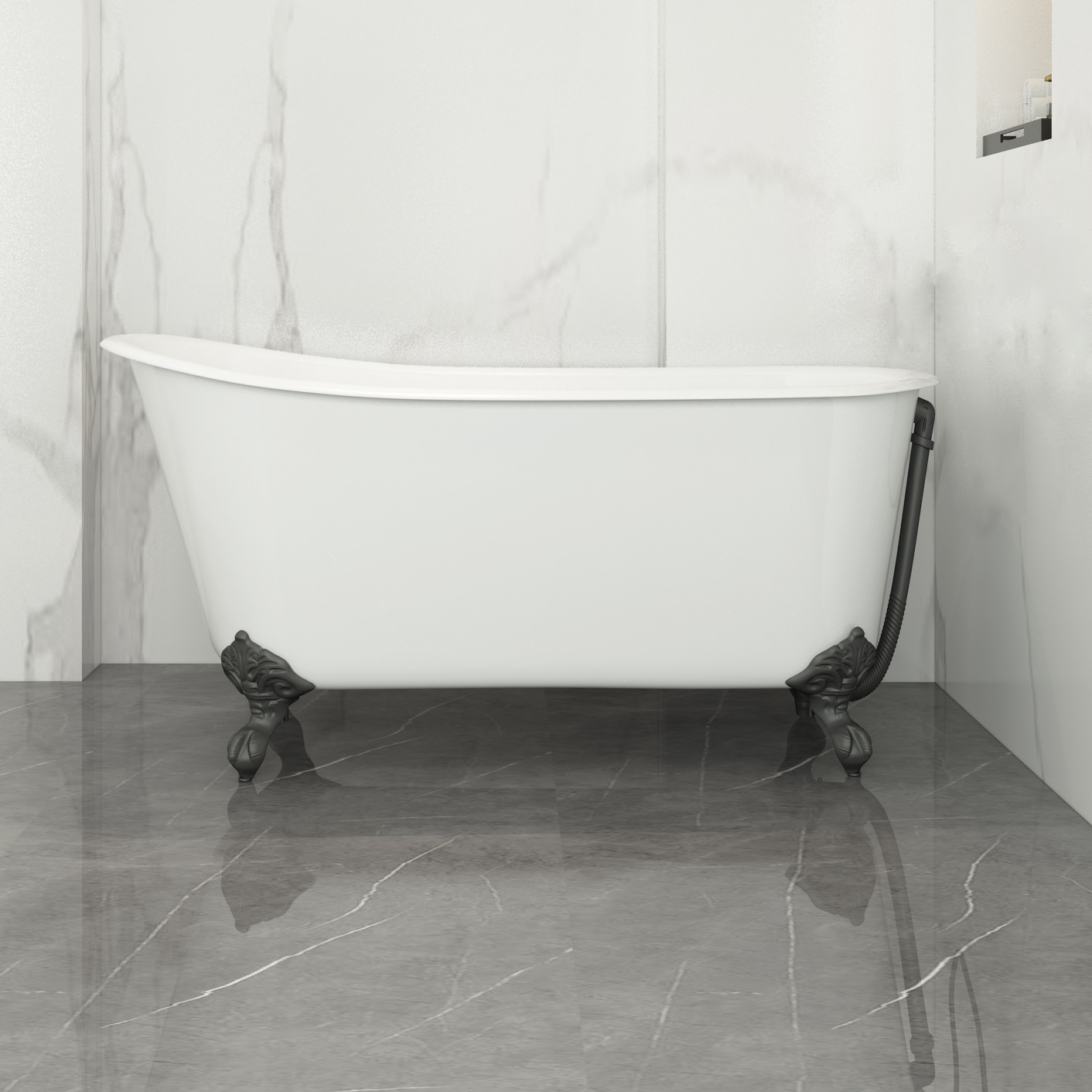 흰색 욕조 + 검은 발 + 검은 색 배수구