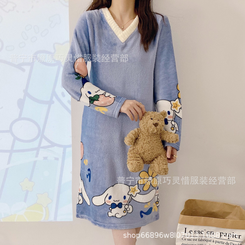 Pijamas de mujeres otoño invierno de franela lindo dibujo animado 2024 nuevo coral de lana gruesa falda cálida ropa para el hogar