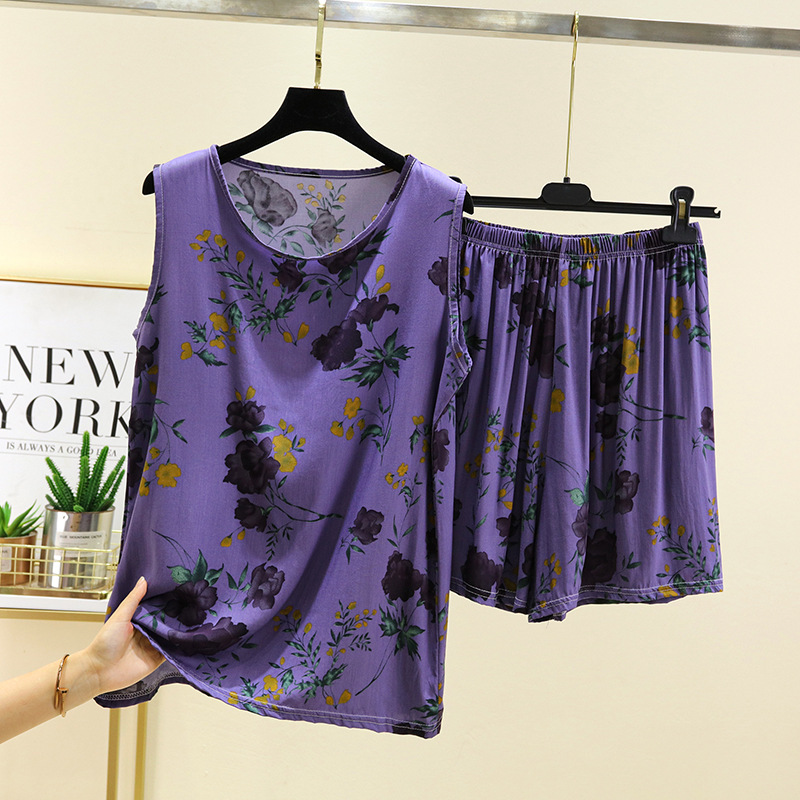 Round Neck Sleeveless Vest Two-Piece Cotton Silk Pajamas Women's Summer Thin Silk Artificial Cotton Casual Home Clothes suit