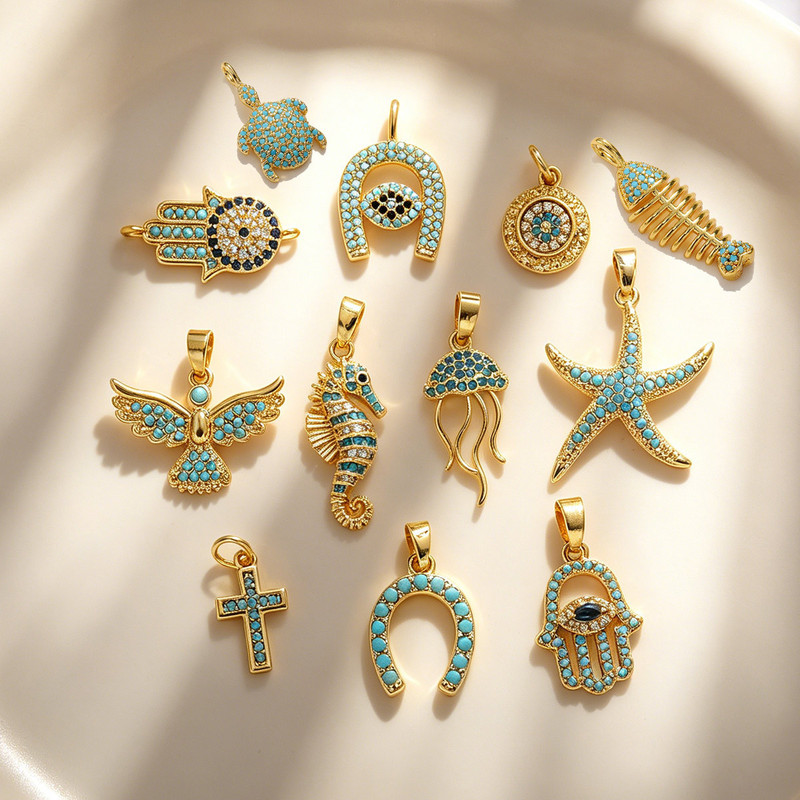 Cross-Border Marine Animal Pendants Starfish Jellyfish Seahorse Horseshoe Blue Zircon Eyes DIY Jewelry Charms Copper Color-Preserving Cross-Border Marine Animal Pendants Starfish Jellyfish Seahorse Horseshoe Blue Zircon Eyes DIY Jewelry Charms Copper Color-Preserving