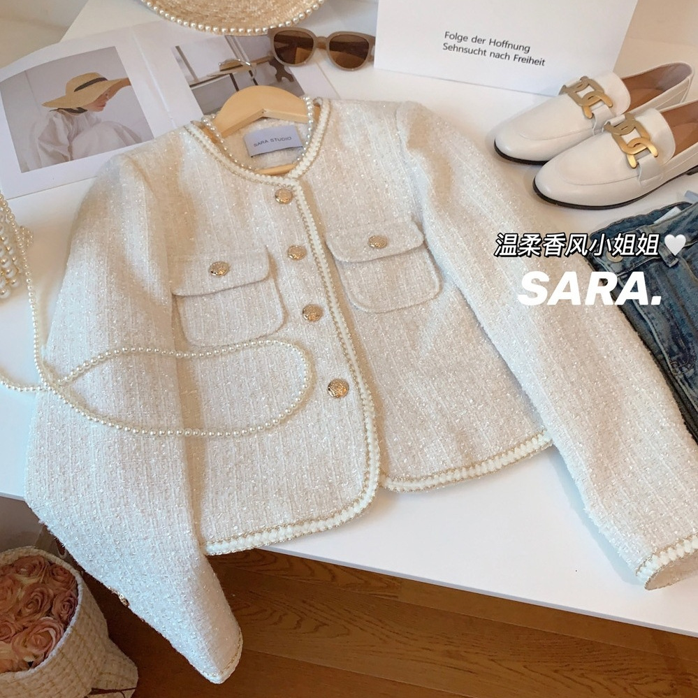 Gentle Style Off-White Wool Small Fragrance Jacket for Women Spring & Fall New Round Neck Tweed Woven Woolen Suit