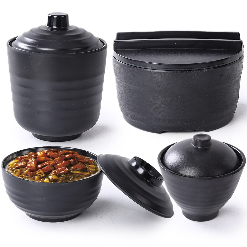 密胺餐具仿瓷黑色磨砂日式有盖碗汤盅饭盅蒸菜碗木桶饭碗快餐专用