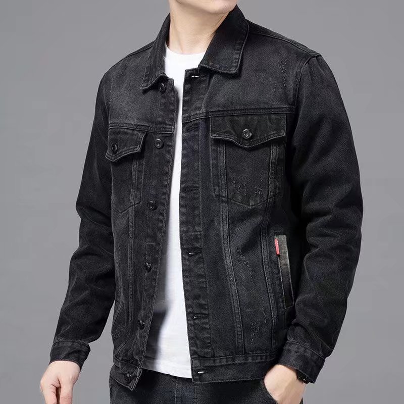 Chaqueta de mezclilla de estudiante bordada de algodón para hombre 2022 primavera nueva chaqueta casual de solapa para hombre negro