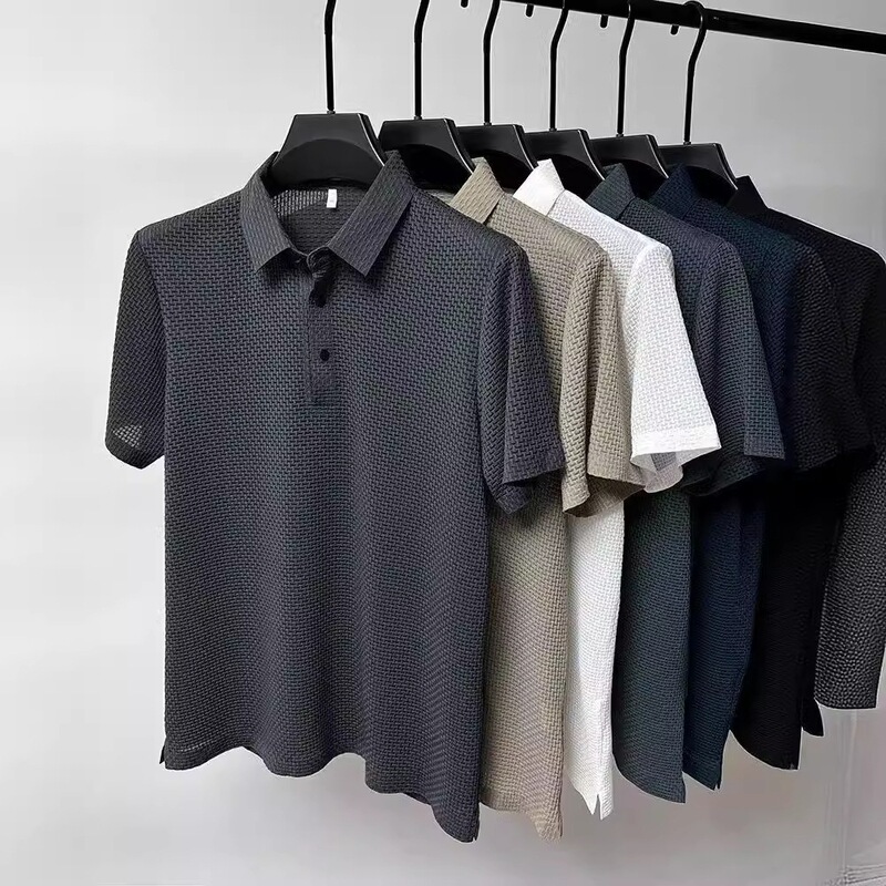 American-style ice silk bamboo fiber thin short-sleeve T-shirt for men, summer casual polo shirt, business turn-down collar, breathable, plus size, half-sleeve