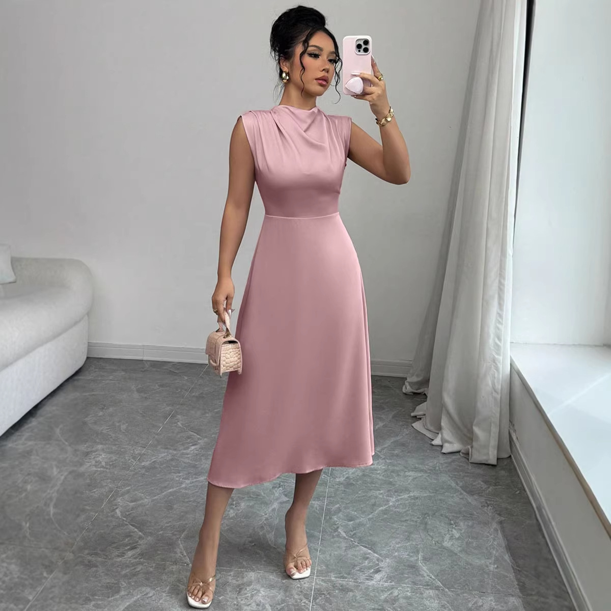 Women's Clothing Women's Stylish Mid-Length Satin Dress Summer A-Line Pleated For Formal & Casual For Women_ecoleips.com