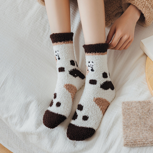 New autumn and winter cartoon panda coral velvet socks for women thickened warm half velvet towel floor home sleeping socks