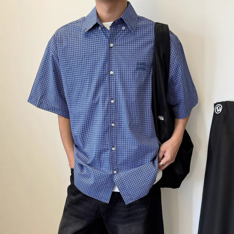 Trendy Cleanfit High-End Blue Plaid Short-Sleeved Shirt Men's Embroidered American Retro Loose Three-Quarter Sleeve Shirt