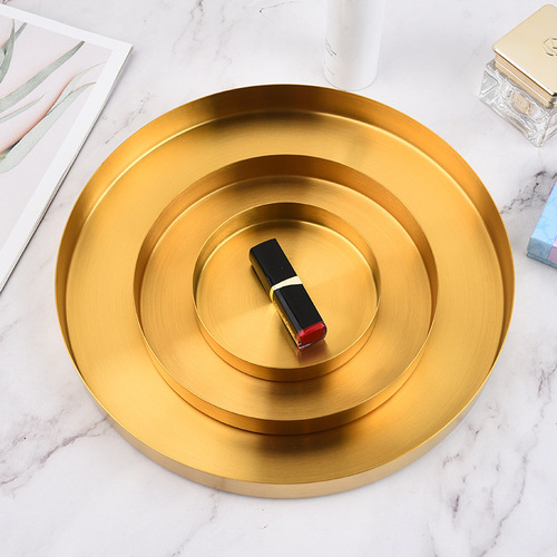 Nordic ins style light luxury storage disc gold stainless steel round straight edge tray cosmetics jewelry tea tray