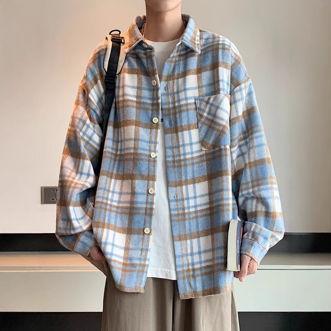 2025小香风春秋格子外套男生宽松潮流青少年小清新帅气情侣衬衫