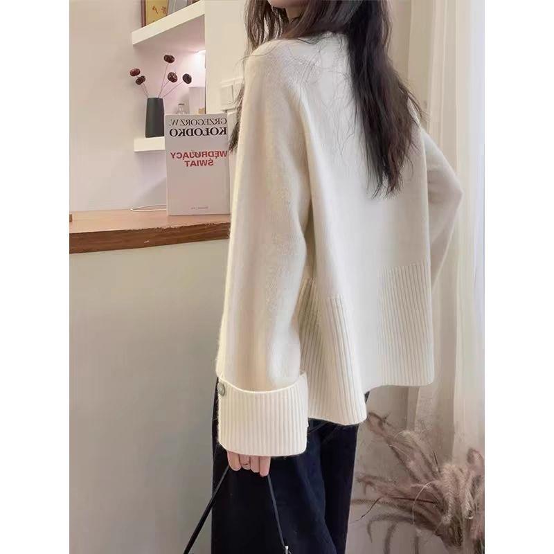 法式感袖口卷边圆领毛衣女秋软糯慵懒风内搭打底针织衫上衣|undefined