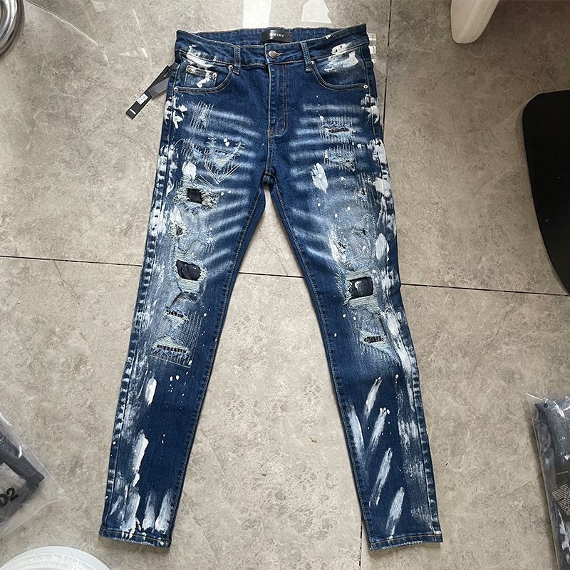 New Style Light Luxury Ripped Jeans with Ink Splash Patches, Trendy Fashion Men's Stretch Slim-Fit Skinny Pants