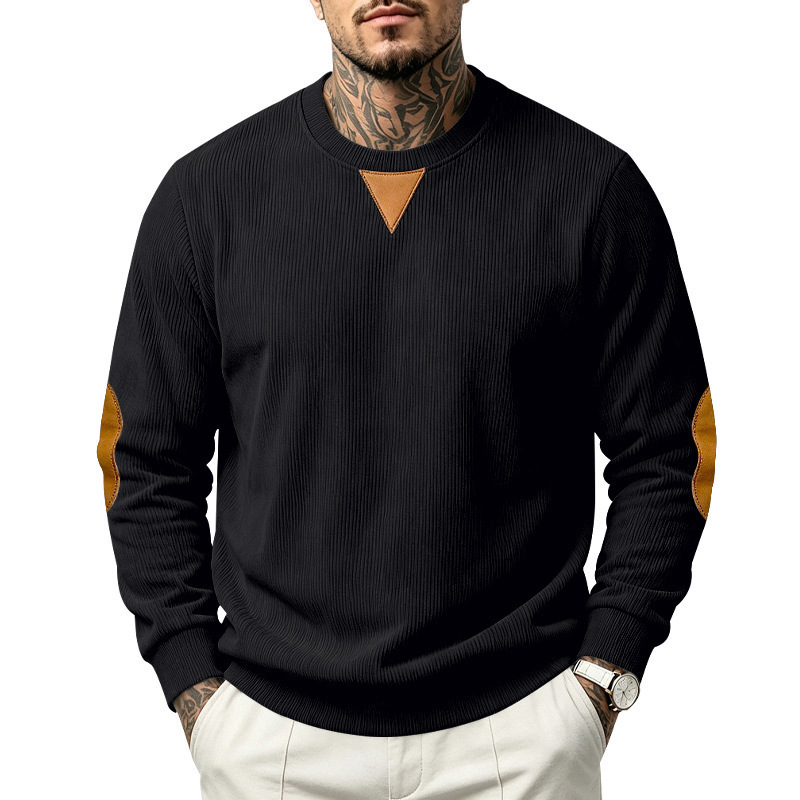 Men's Ribbed Crew Neck Sweatshirt, New Autumn/Winter Vintage Patch Decorated Long Sleeve Top, European and American Style Casual Pullover