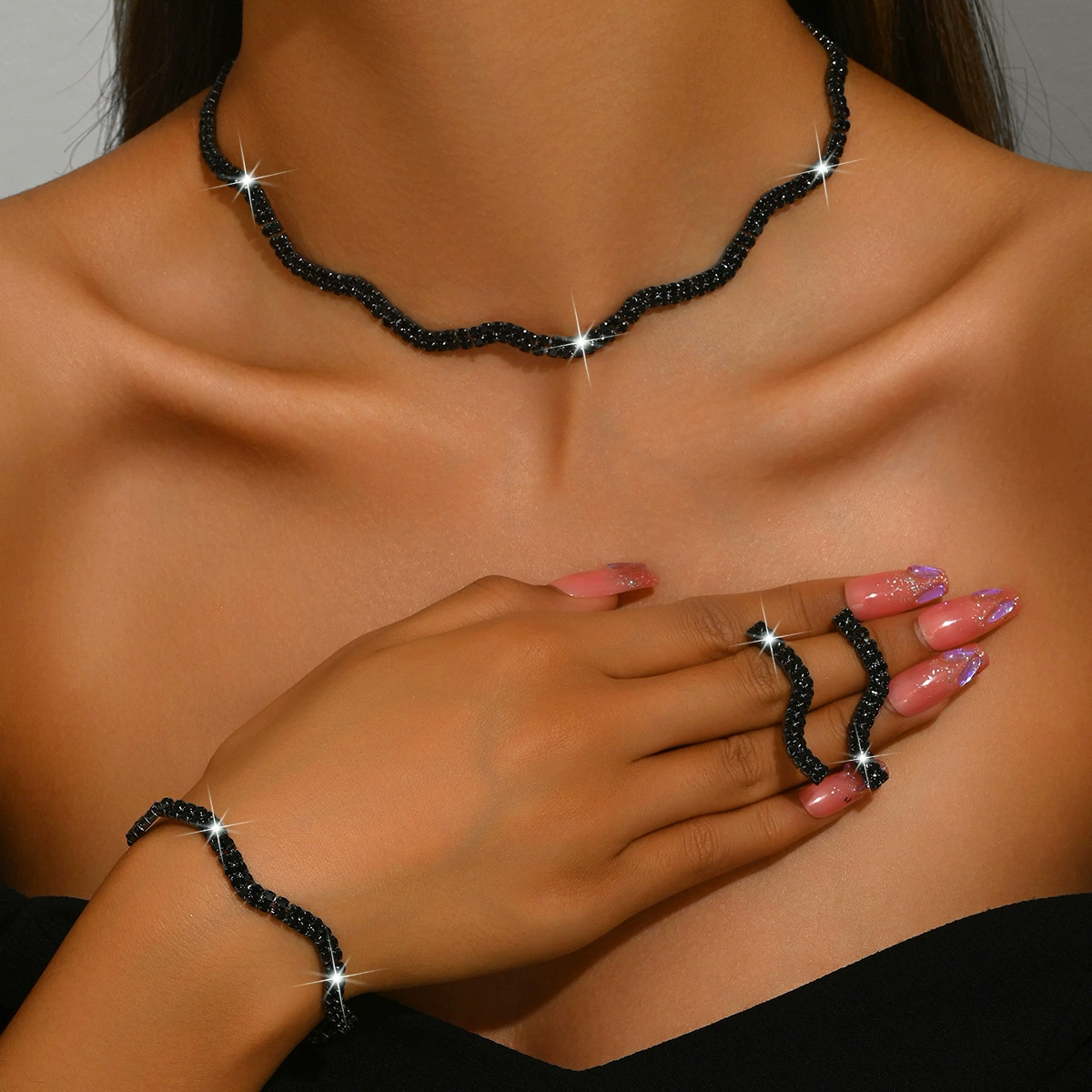 Европейские и американские популярные высококачественные супер-флэш-серьги со стразами, комплект браслетов, модная цепочка на ключицу, свадебные украшения, комплект из трех предметов