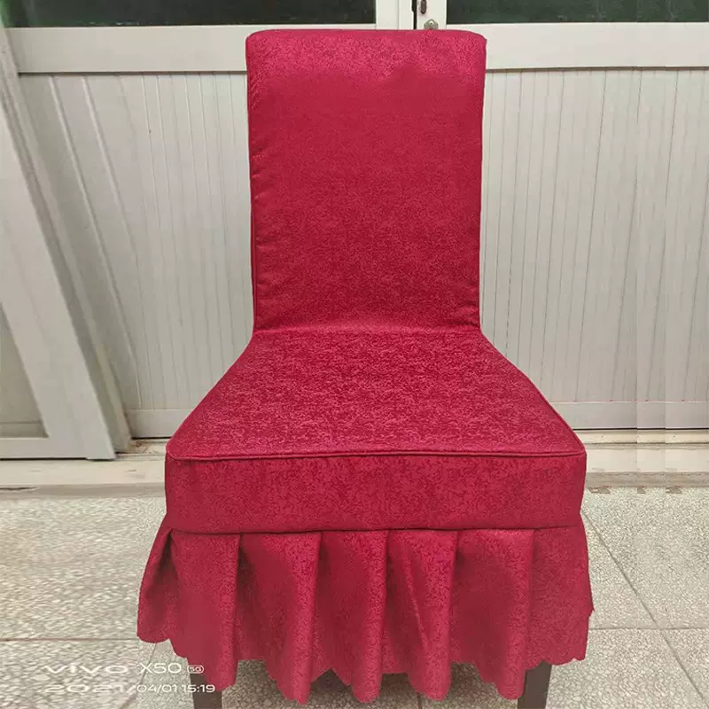 供应加厚红色涤纶椅套 花型弹性带褶椅套 婚庆酒店椅子套