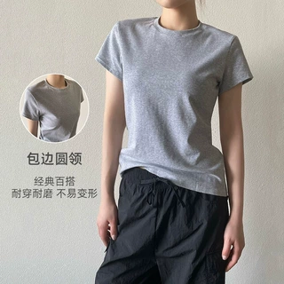 美式复古圆领正肩短袖t恤女2025夏新款纯色修身显瘦百搭短上衣棉