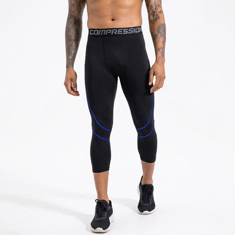 Pantalones de fitness delgados transfronterizos de alta velocidad elástica secos de pista y campo, pantalones de compresión de baloncesto para hombres, pantalones cortos deportivos de siete puntos
