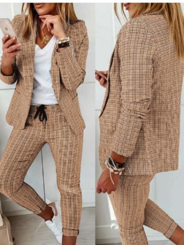 新商品2024欧米婦人服格子縞カジュアルスリム襟付きスーツ|undefined