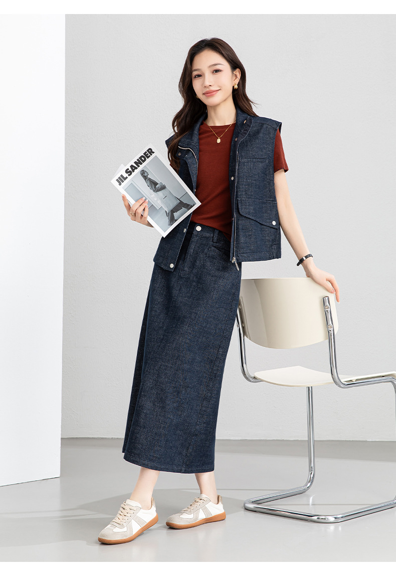 Áo vest gile denim không tay nữ kèm chân váy bút chì phối bộ — Mã màu xanh dương - AC66031 chi tiết 23