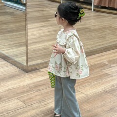 2024春款韓版 童裝新品 女童方形花邊娃娃領長袖襯衫 甜美娃娃衫