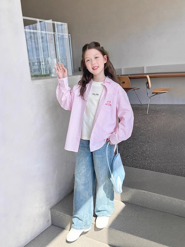 Children's Western-style striped shirt, girls 'loose long-sleeved shirt, big children's cardigan top, 2025 spring and autumn new style