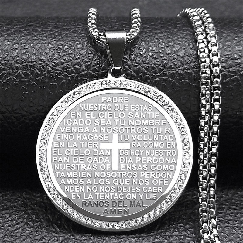 Nouveau pendentif rond personnalisé avec gravure biblique et incrustation de diamants, en acier inoxydable, couleur inaltérable, idéal pour l'été._voghion.com