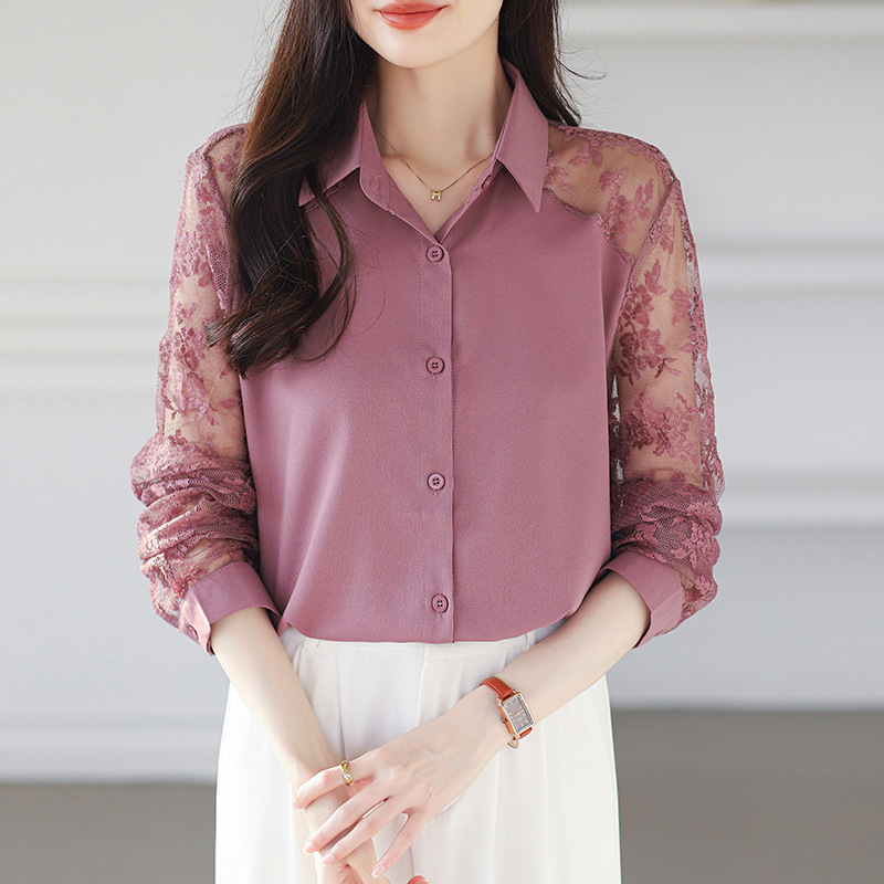 French-Style Chiffon Shirt for Women with Long Sleeves, Chic Lace Hollow-Out Patchwork Commuter Top for Women