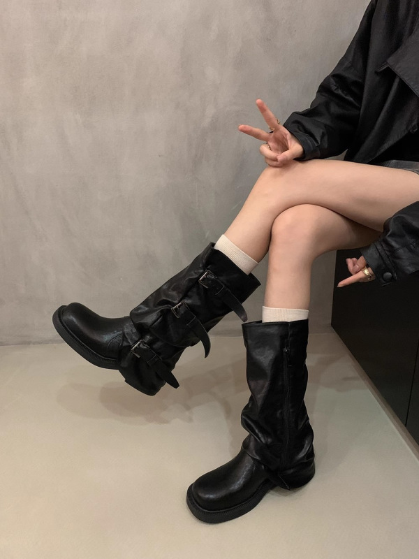 洋气巨好看中筒靴女2025新款超火堆堆皮靴粗跟棕色小短靴子|undefined