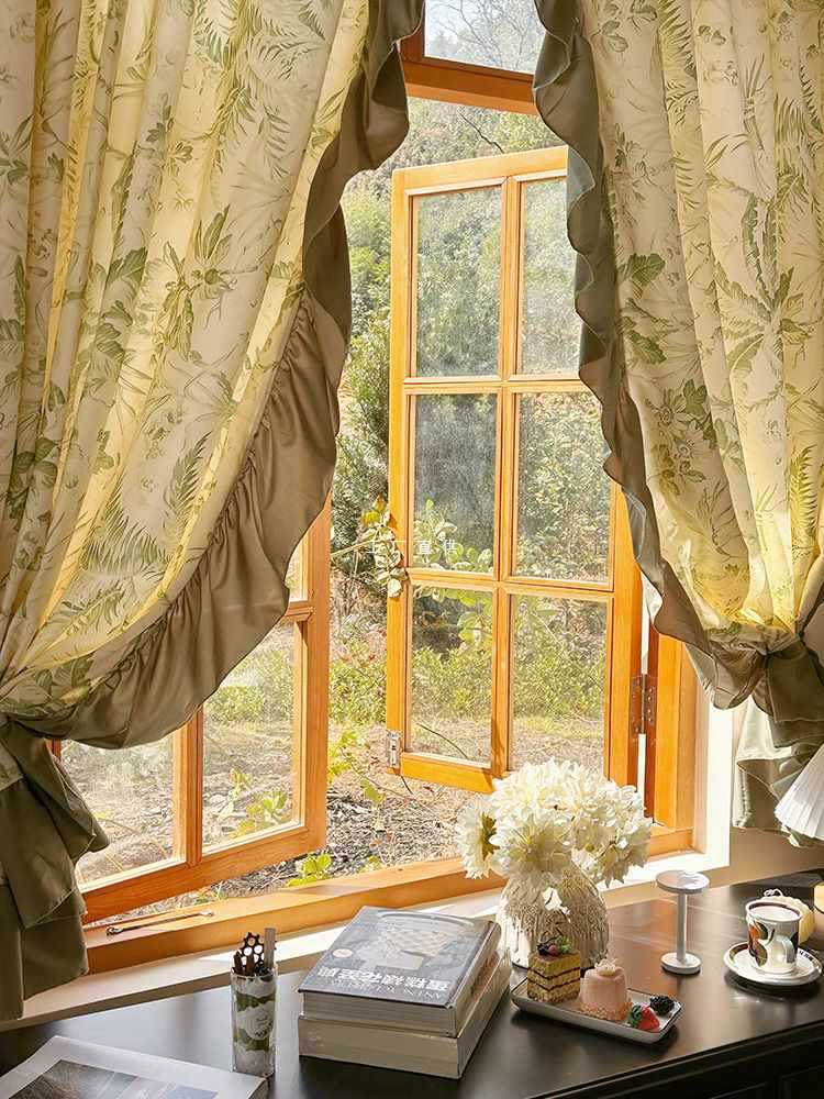 A5L美式復古窗簾大氣法式田園風半簾臥室客廳抹茶花邊棉麻印花掛