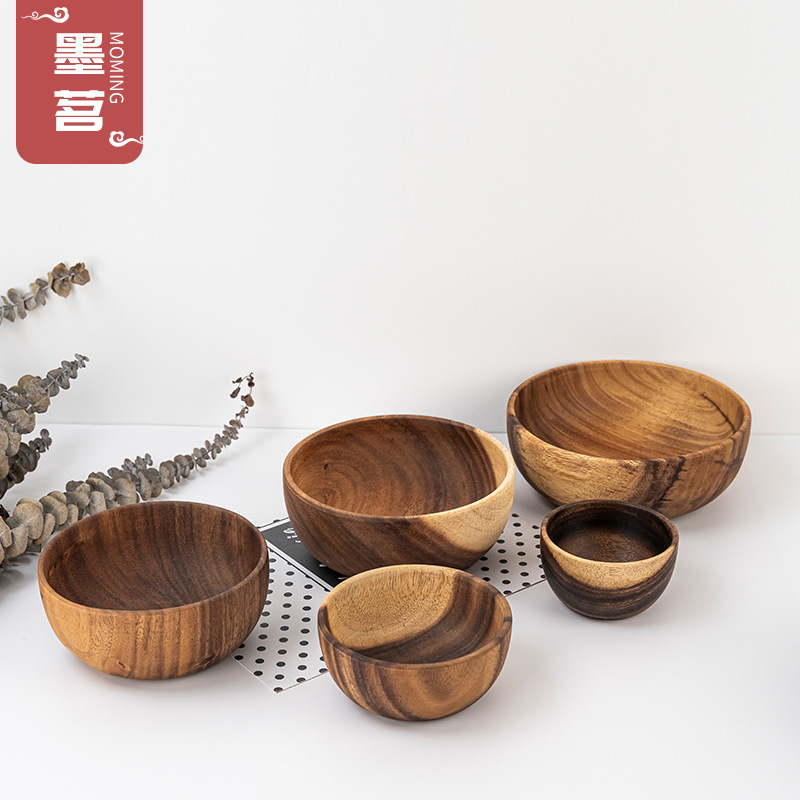 Sangsi wood creative Japanese flat bottom wooden bowl wooden plate round teak bowl fruit platter salad bowl set engraved 
