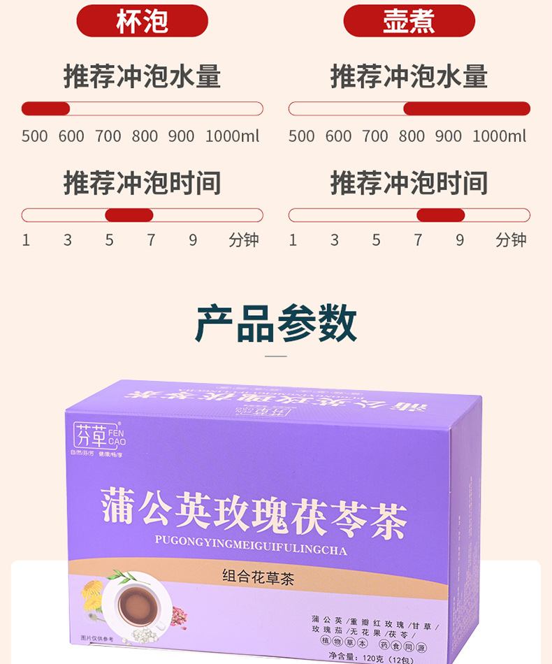 Dandelion Rose Poria Herbal Tea Blend 120g Pugongying Meigui Fuling Cha Daily Wellness Infusion preparation