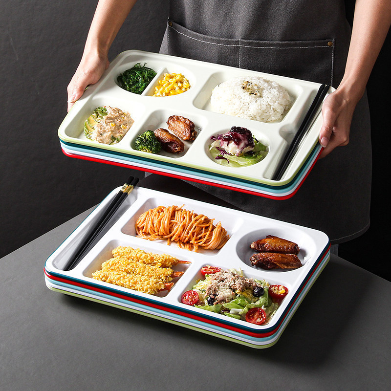 Melamine tableware set with three, four, five, or six compartments, plastic divided plates, cafeteria plates, fast food plates, commercial use Melamine tableware set with three, four, five, or six compartments, plastic divided plates, cafeteria plates, fast food plates, commercial use