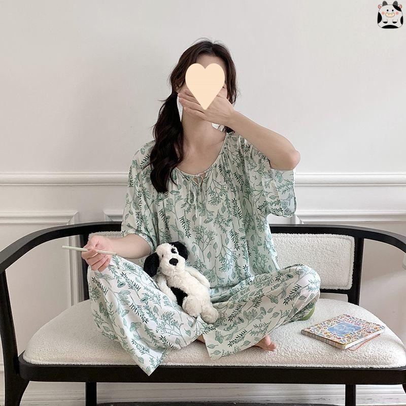 2026 Xiaohongshu Popular Artificial Cotton Pajamas for Women Summer Short-Sleeved Pants Intimates Loose Chinese Style Cotton Silk Home Clothes