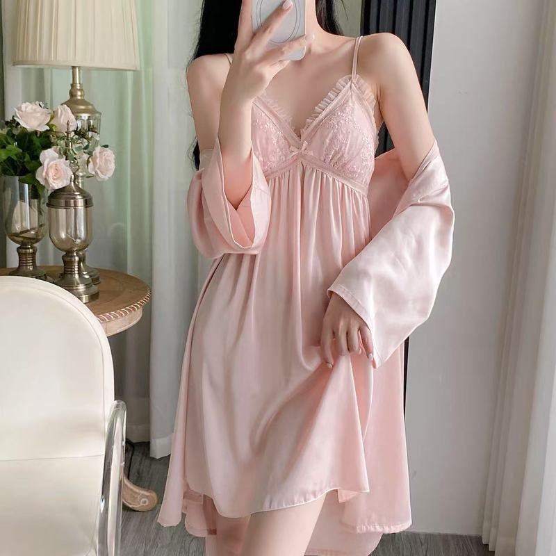 2025新款冰丝睡裙女士带胸垫花边高级感休闲长袖睡袍家居服两件套|undefined