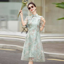 新中式高端精致欧根纱连衣裙女夏季复古国风刺绣改良旗袍小个子裙
