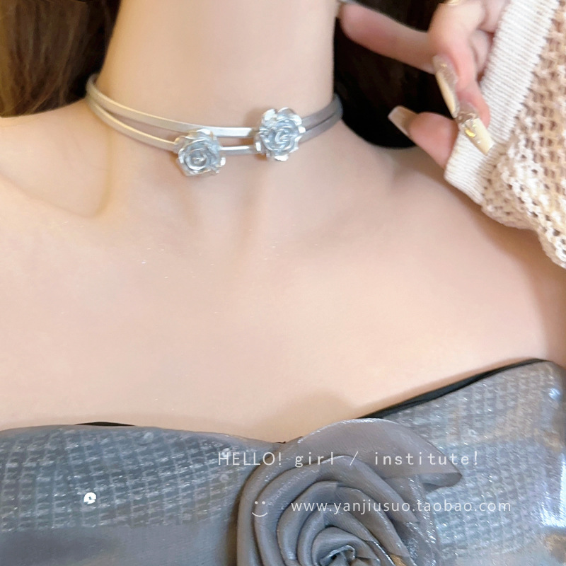 Silver Rose Flower Choker Necklace Image 4