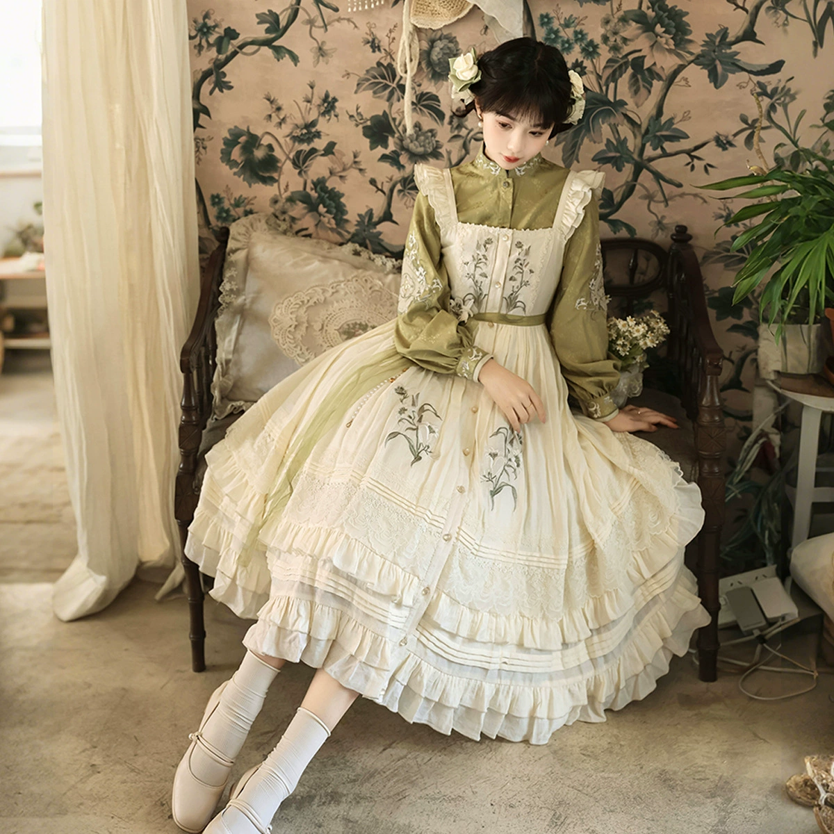 Комплект Yimengge Original Lily Poetry: топ и юбка-сарафан в китайском стиле с элементами ханьфу, новый китайский стиль, 9577