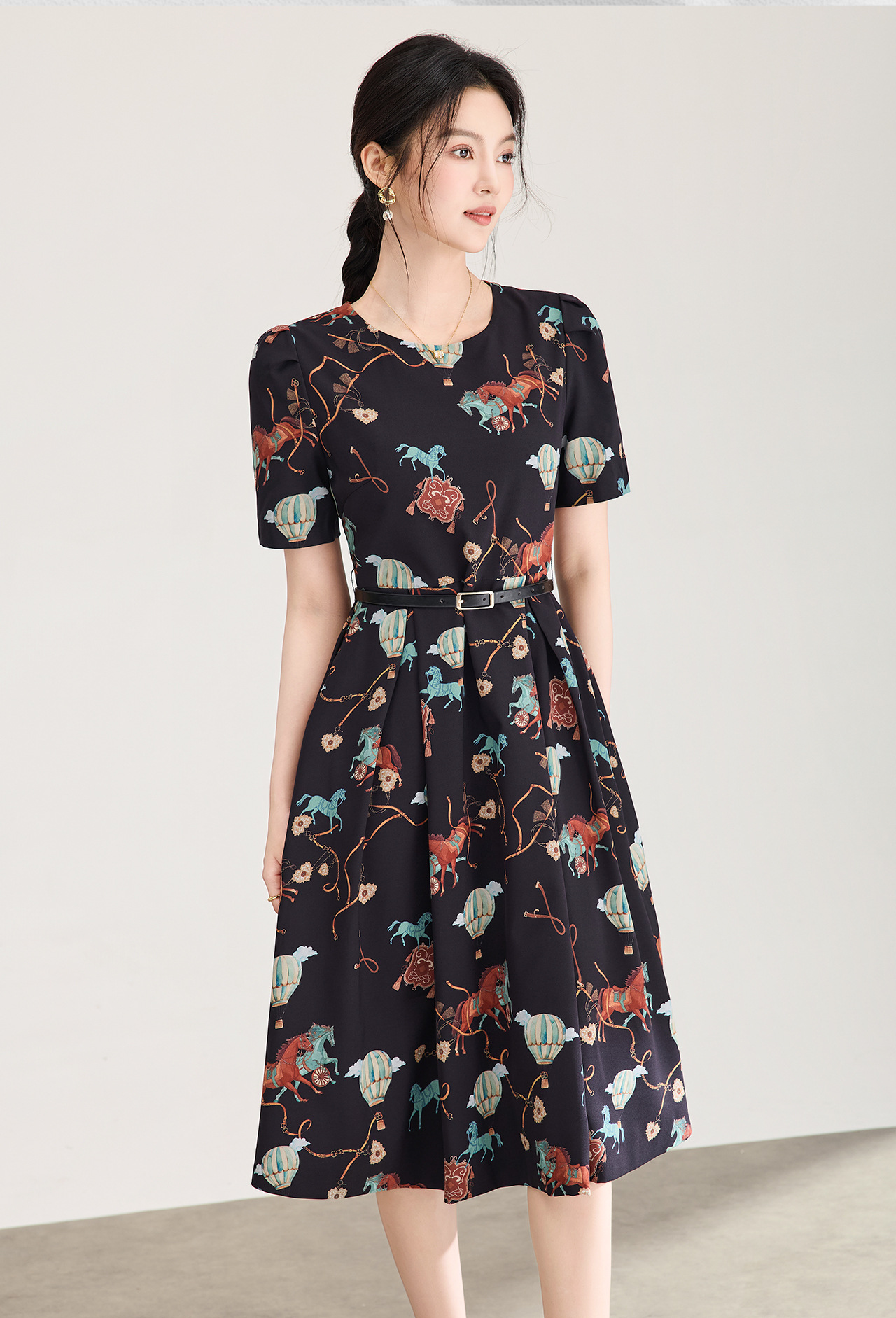 Đầm chữ A tay ngắn in họa tiết chiffon mùa hè — màu đen chi tiết 2