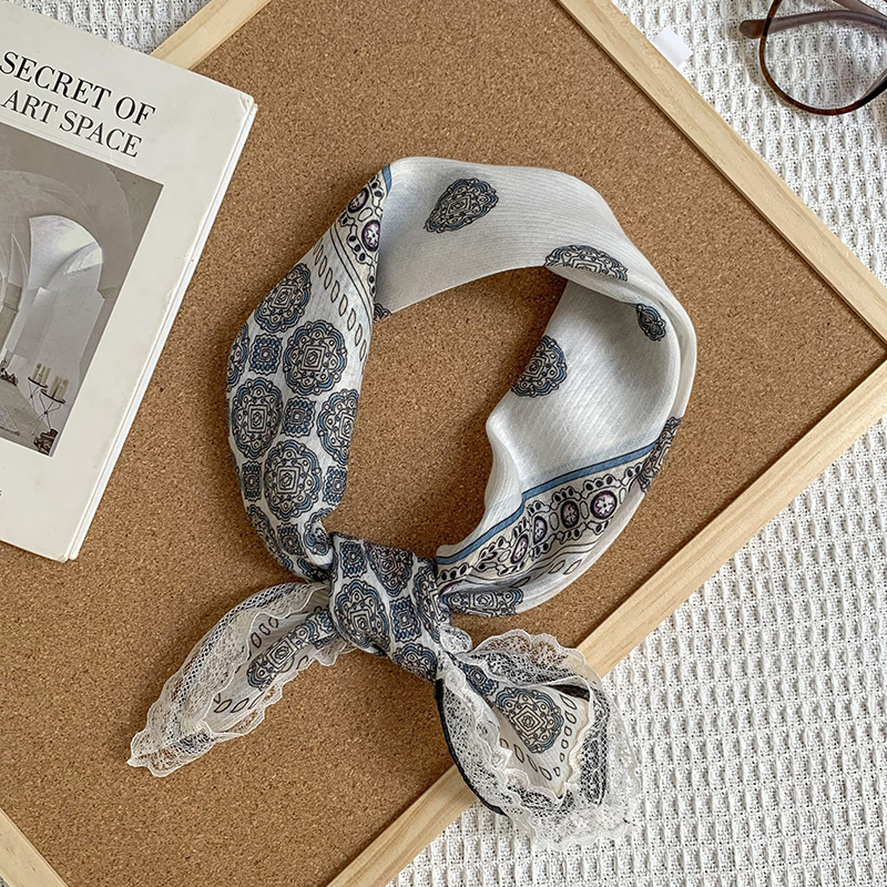 Bufanda de seda, bufanda cuadrada pequeña, sensación de alta calidad, nuevo pañuelo de encaje francés, diadema pastoral femenina de verano, cinta para el cabello atada