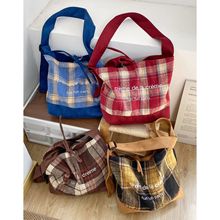 秋冬格纹时尚毛呢包麂皮绒复古拼接托特包ins风单肩斜挎包通勤包