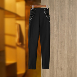 Spring/Summer 2023 New High Waist Heavy Industry Tie Rope Tight Waist Micro-elastic Leggings Internet Popular Tight Casual Leg Showing Pants