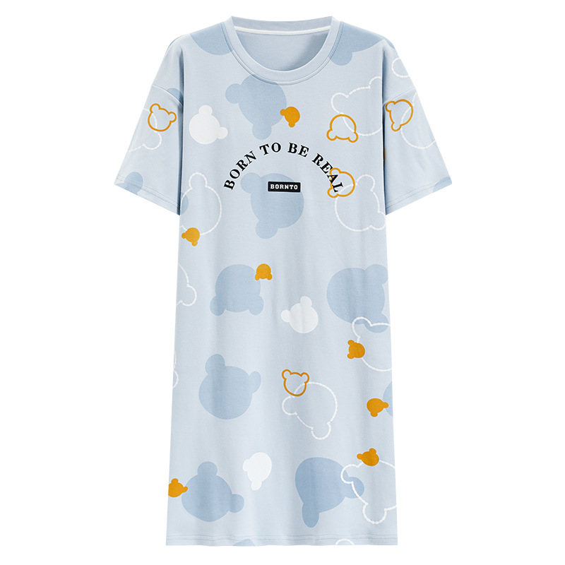 2024 verano corbata redonda cojín en el pecho pijama mujer camisón de dibujos animados estampado de manga corta se puede usar falda delgada de longitud media para niña