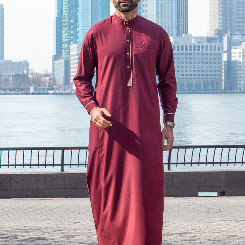 In-Stock Men's Traditional Style Red Embroidered Long-Sleeve Robe Islamic Qamis In-Stock Men's Traditional Style Red Embroidered Long-Sleeve Robe Islamic Qamis