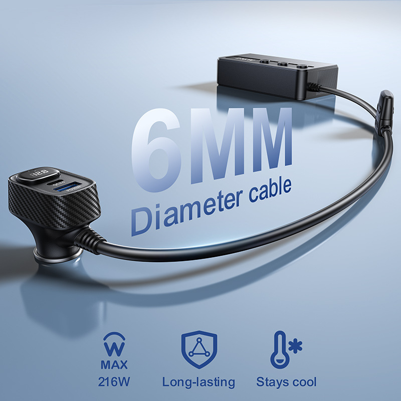 New dual-retractable multi-port car cigarette lighter charger, multifunctional high-power 216W car charger