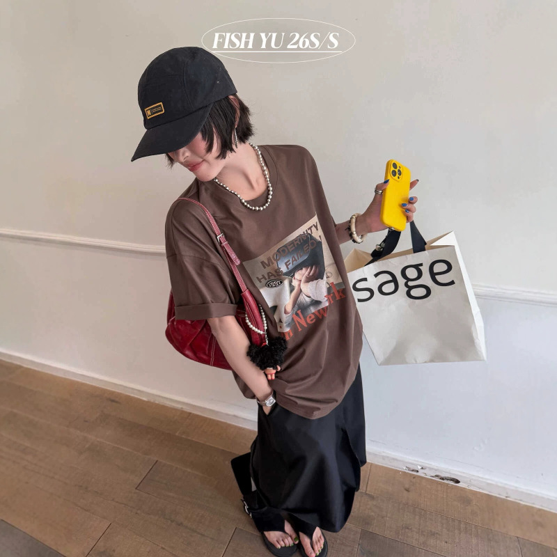 Thirteen Lines Flshyu Summer New American Retro 90S Street Portrait Print Short-Sleeved T-Shirt 626238