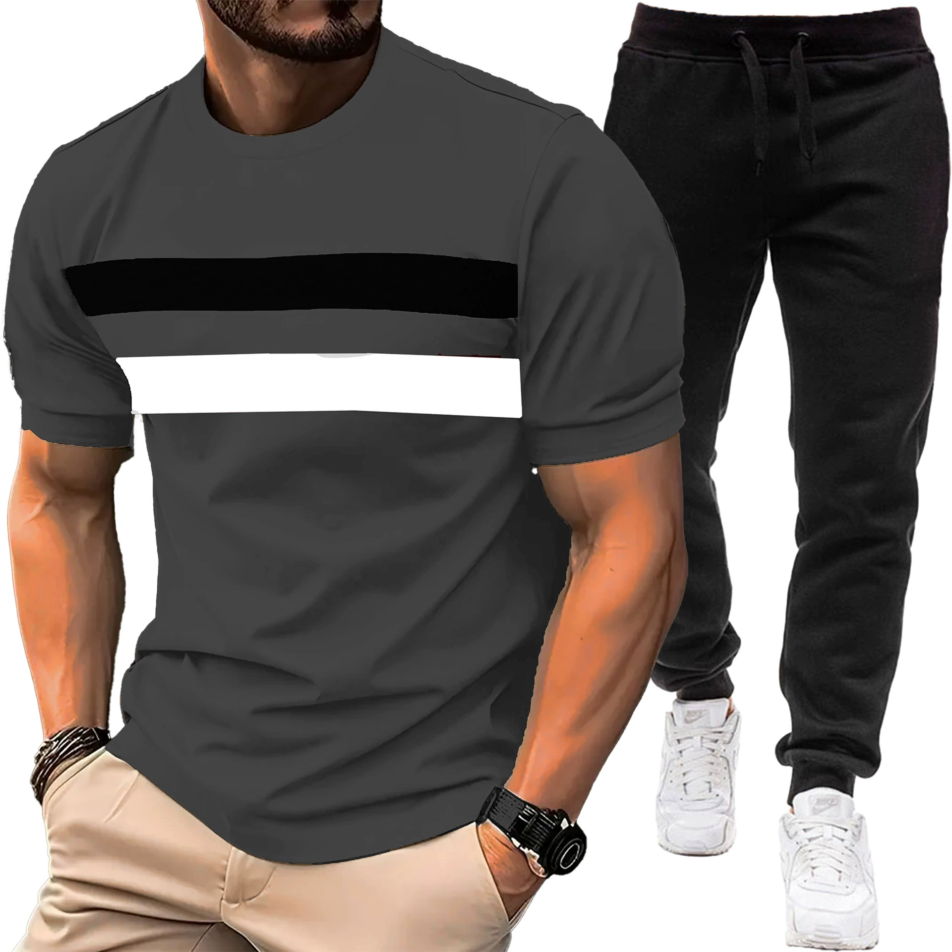 Летний спортивный и повседневный комплект: футболка с коротким рукавом и круглым вырезом, новые цветовые сочетания 2025 года, мужской костюм с короткими рукавами и брюками.