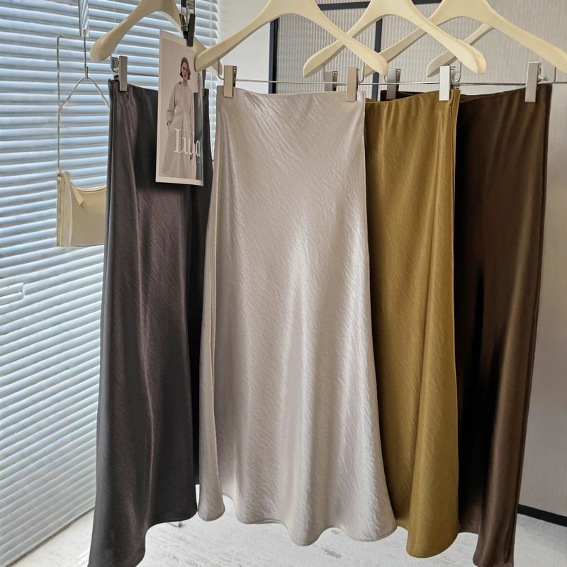Acetate Satin Fishtail Skirt for Women 2025, Simple and Slimming Look, Hip-Hugging A-Line Mid-Length Skirt