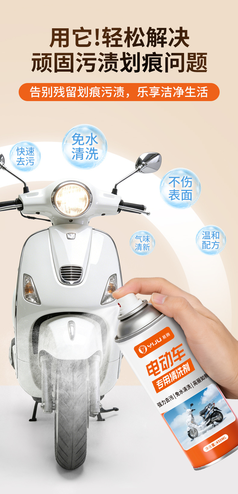 Electric vehicle cleaner, eco-friendly foam, no-rinse cleaning agent, cleans, removes dirt and odors, car wash liquid, maintenance and descaling agent