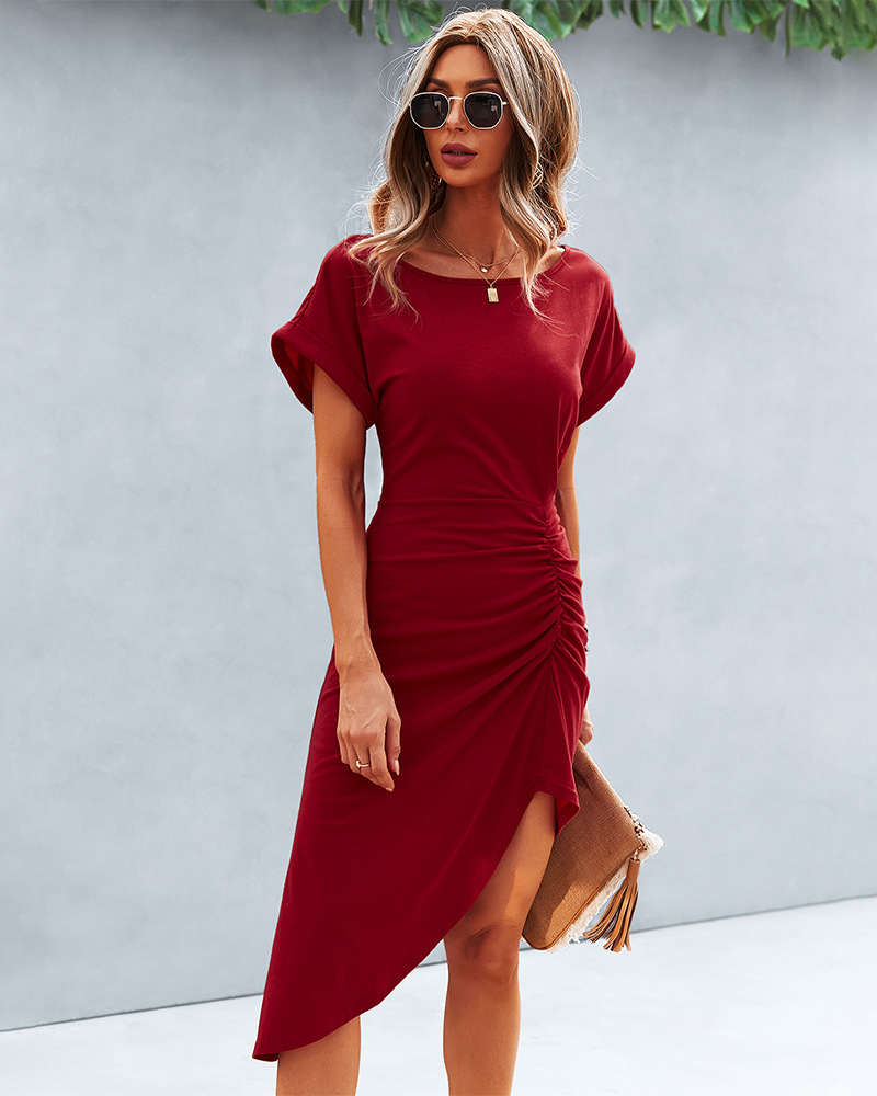 irregular hem round neck short sleeve slim solid color t-shirt dress NSDY120848