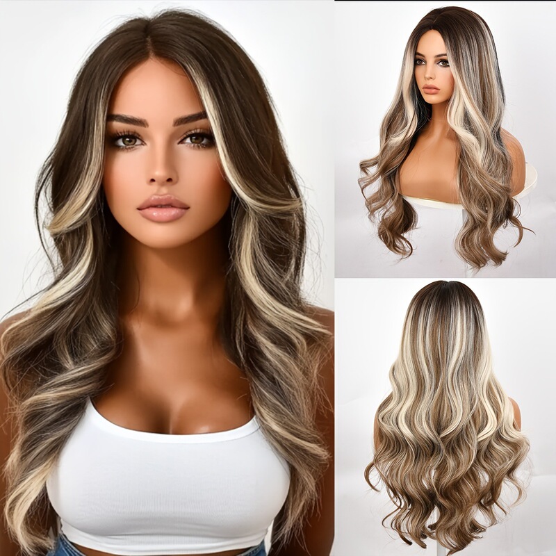 Cross-Border Hot-Selling Dark Brown Mixed with Golden Highlights Big Wave Wig for Women, Long Hair, European and American Style, Full Head Wig